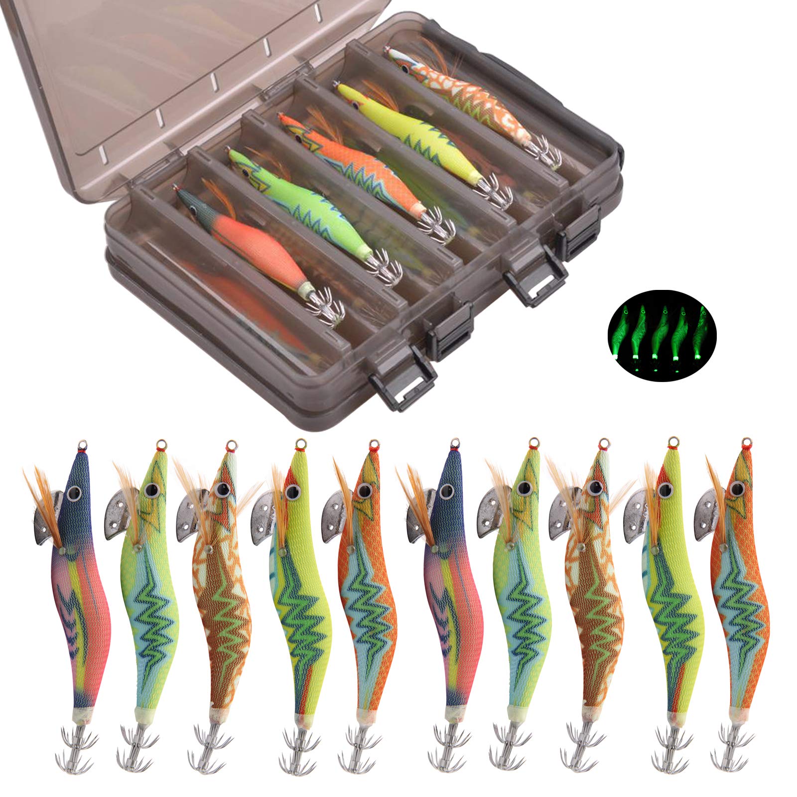 Luminous full body squid jig lure glowing in dark water