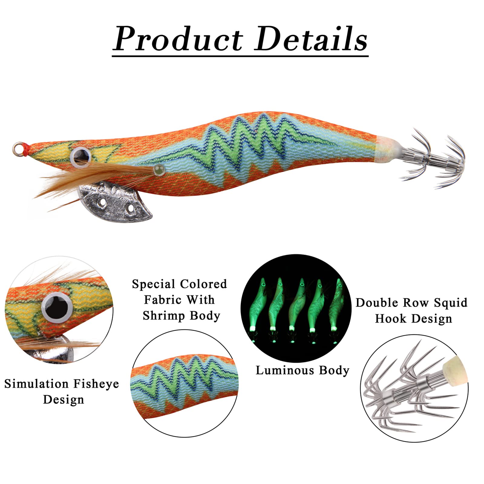 Close up of a glow squid jig lure with realistic 3D eyes