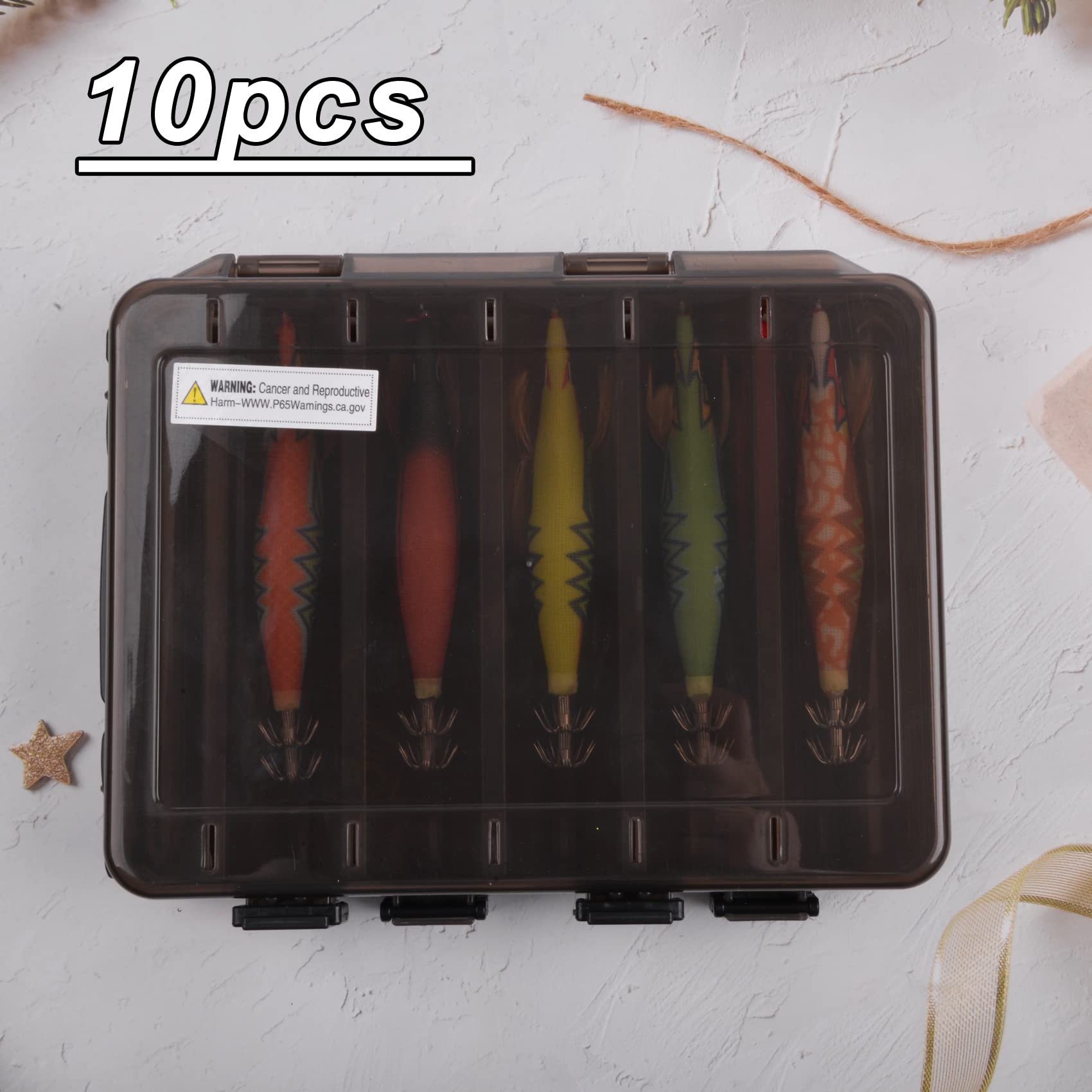 Box contents show 2 types of shrimp bait 2.5 and 3.0