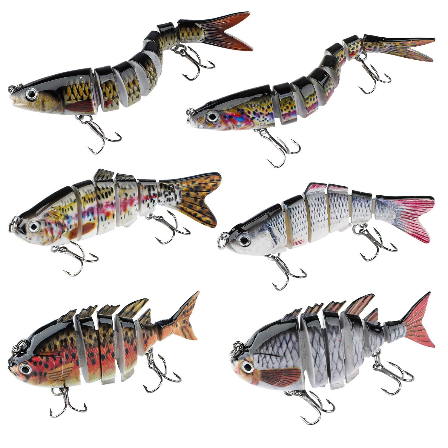 Six-piece multi-joint fishing lures set on display
