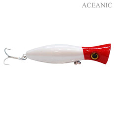 Fishing Lures close-up of 3D eyes on red head topwater popper.