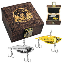 Two metal VIB fishing spoons in a wooden gift box