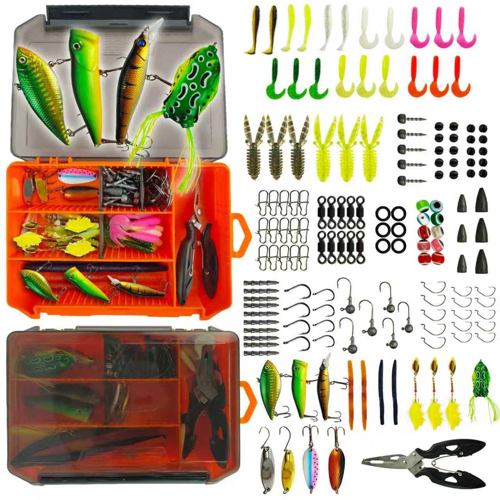 154-piece fishing lures kit in a clear tackle box