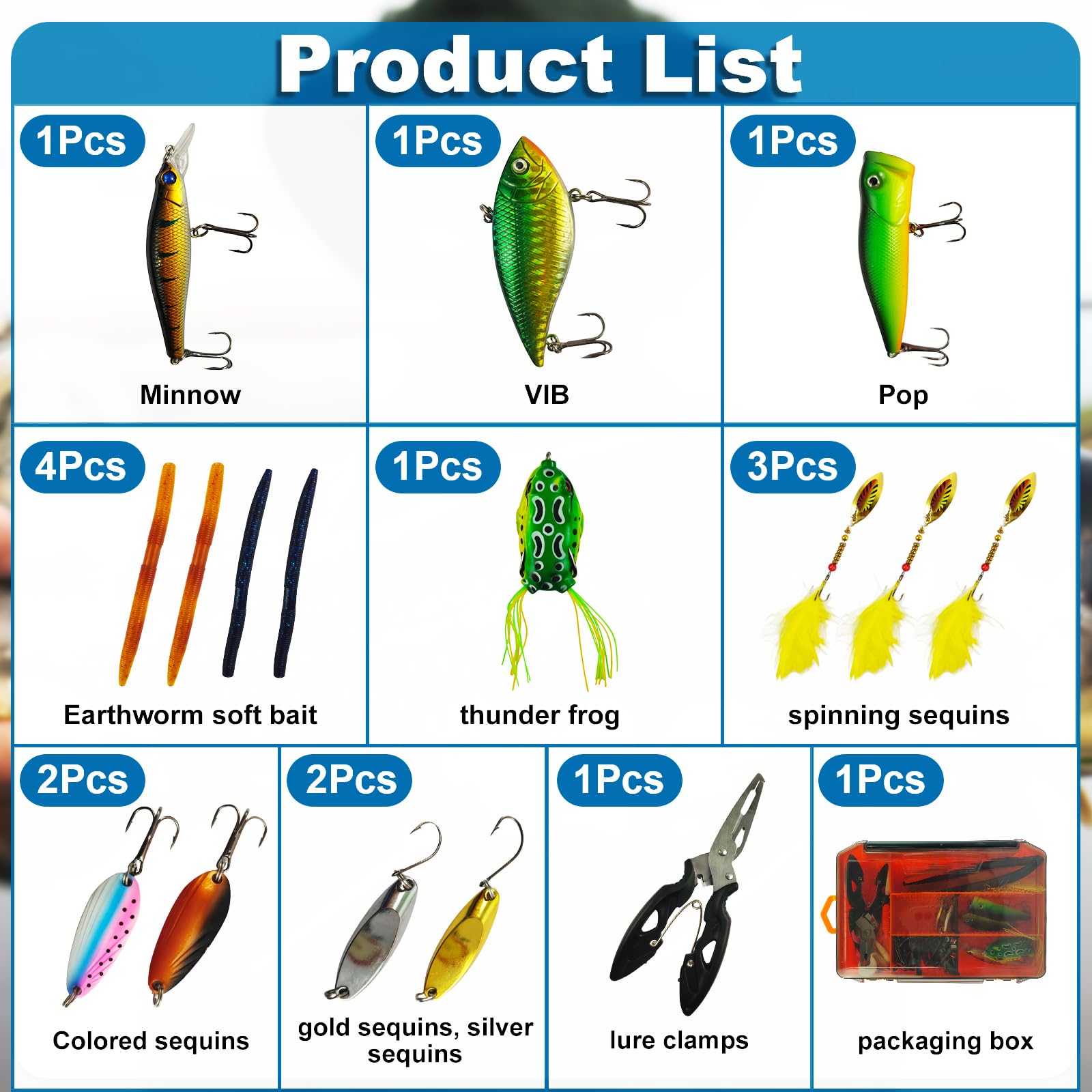 Assorted soft baits, crankbaits, floats, and spoons in kit