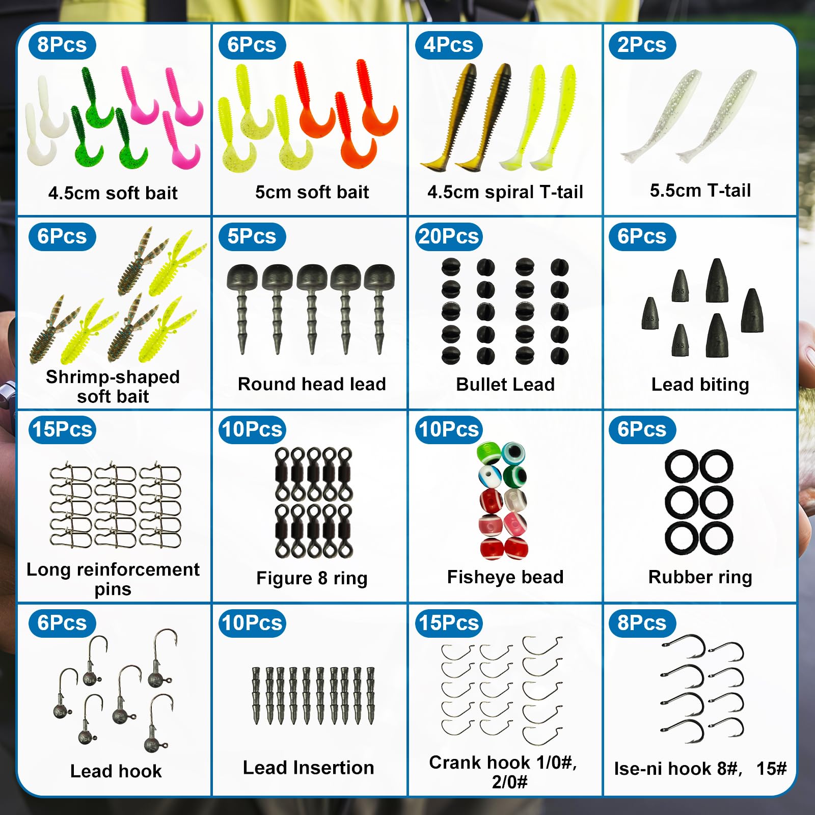 Hooks, weights, jig heads and swivels included in the set
