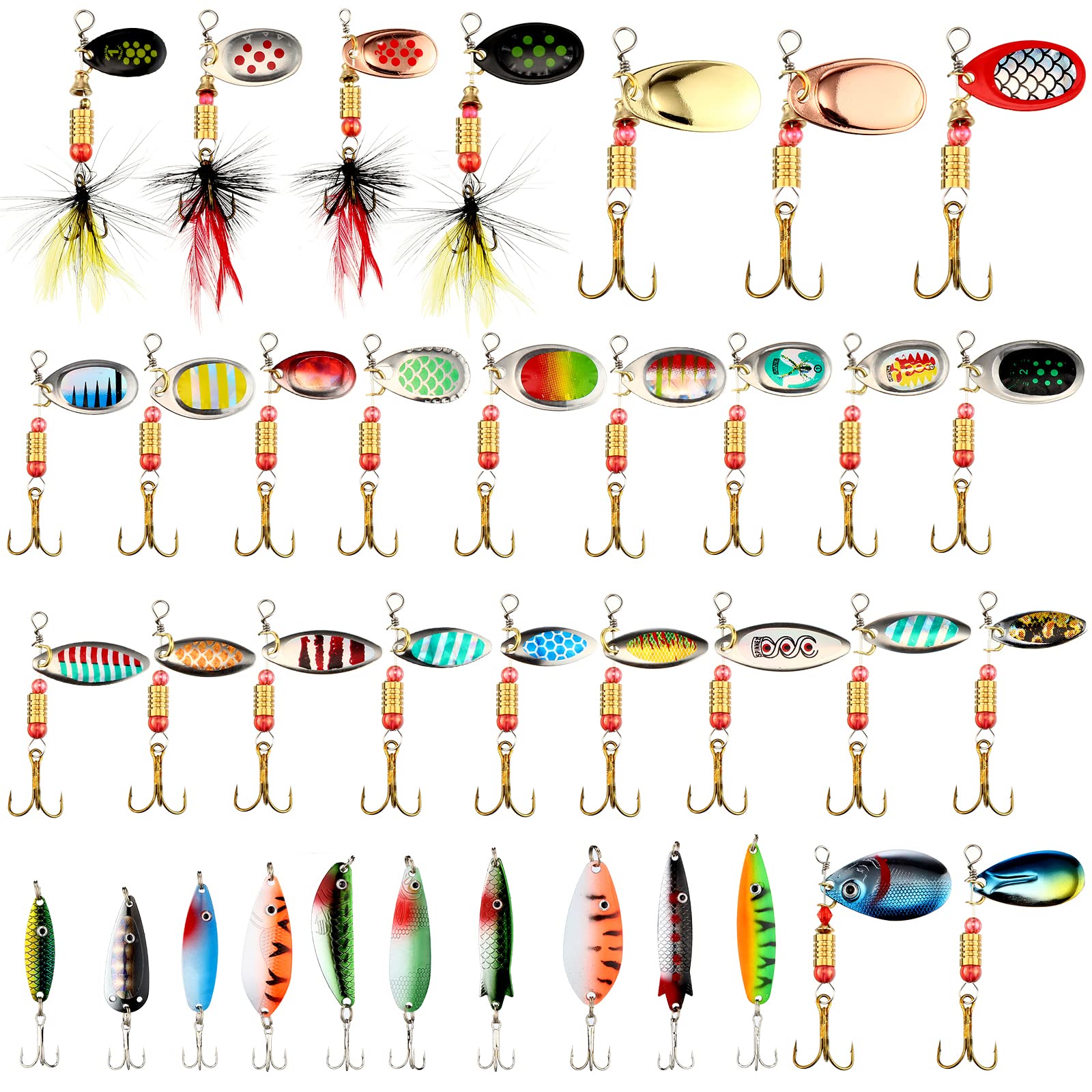Assorted metal spinner baits and lures for bass and trout