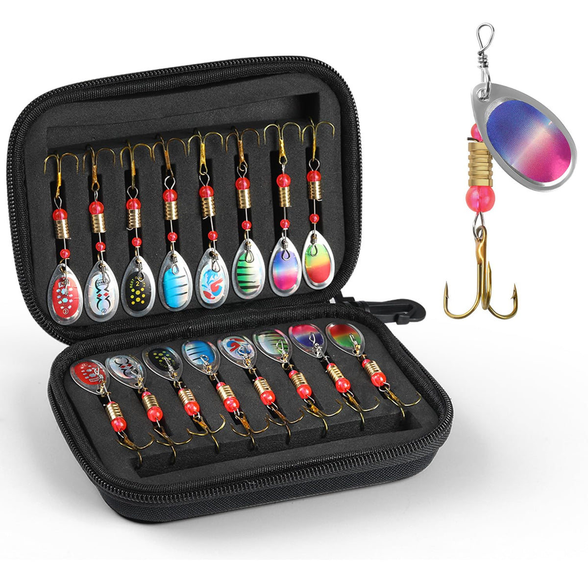 Spinner bait kit closeup showing red and silver spoons