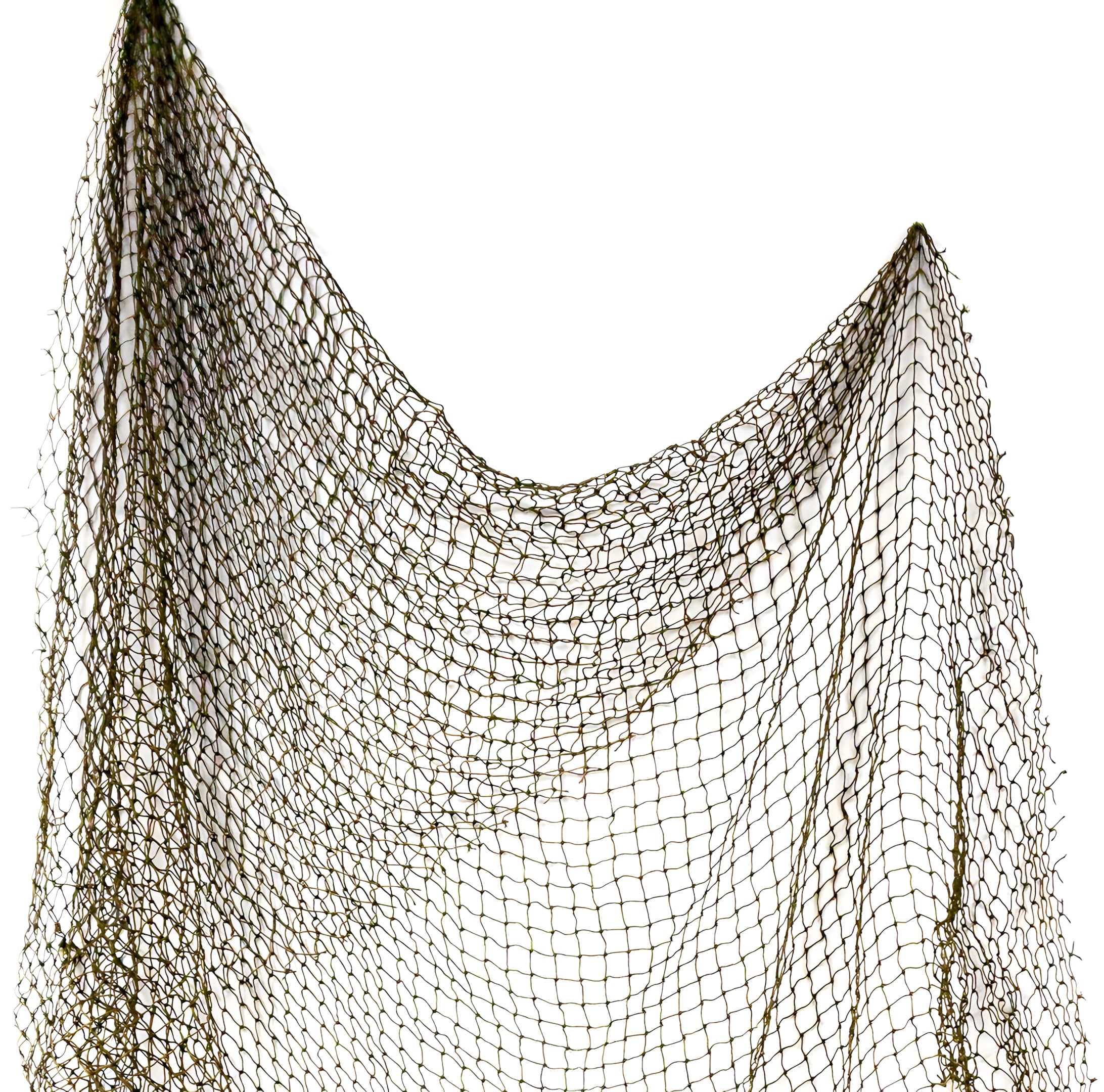 Repurposed 5x10 ft fishing net draped on wall for nautical decor