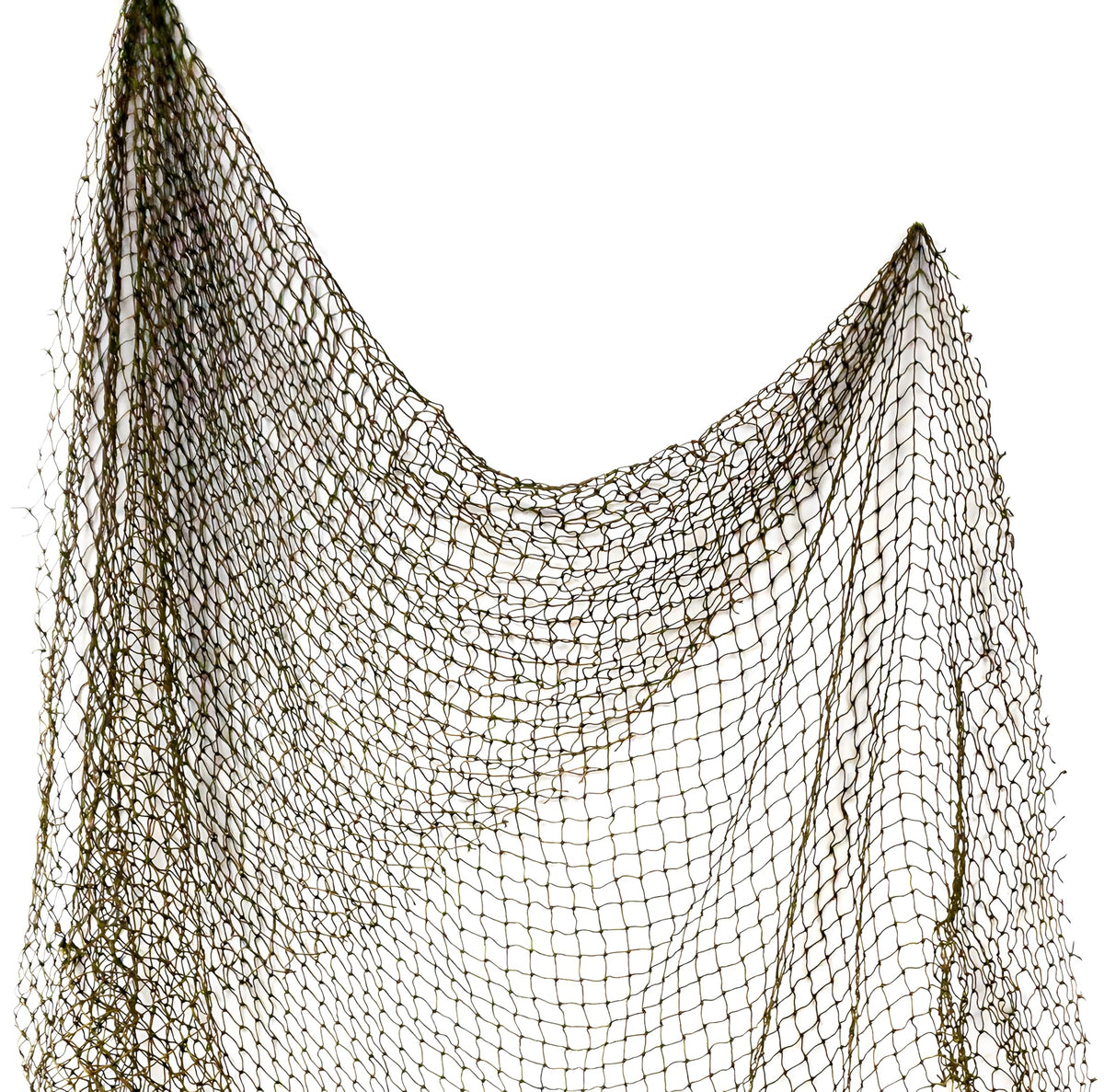 Repurposed 5x10 ft fishing net draped on wall for nautical decor