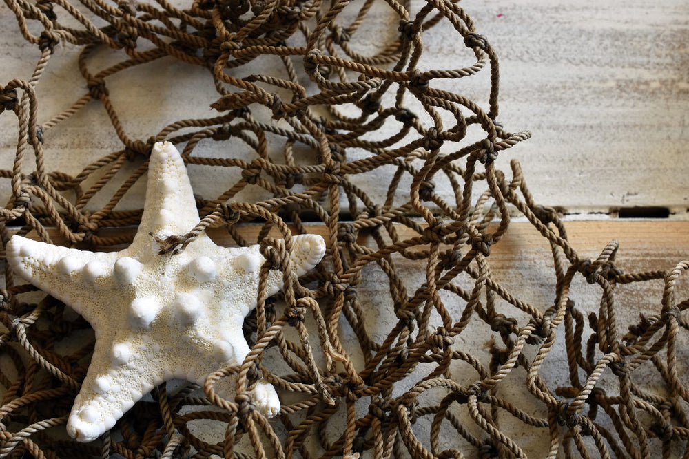 Close-up of reclaimed fishing net material for coastal decor