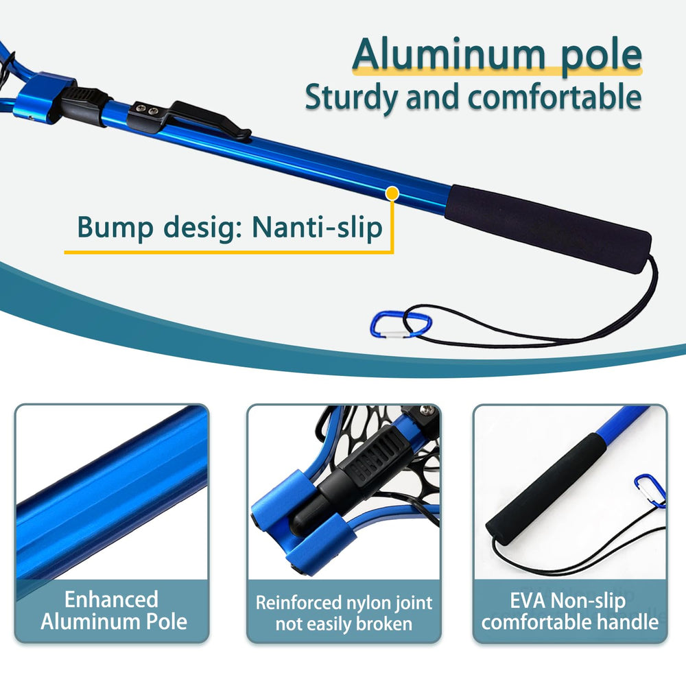 Blue foldable fishing net extended to 37.4in reach