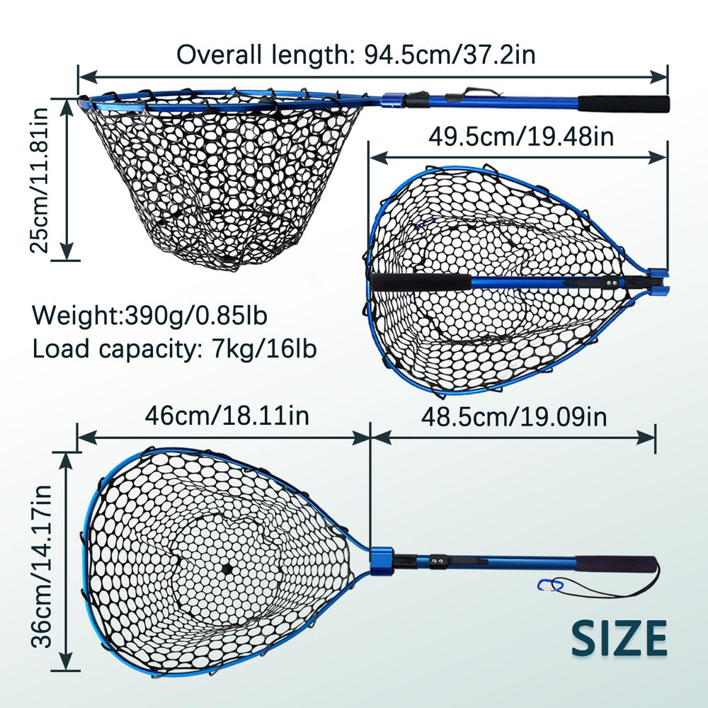 Blue foldable fishing net with landing setup