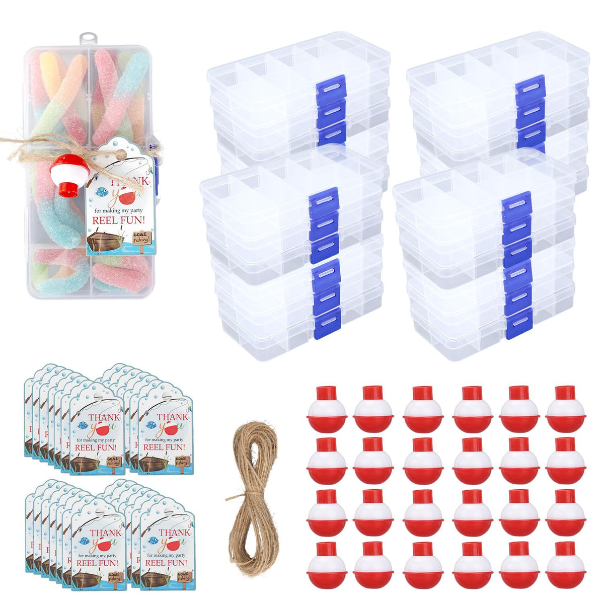 73-piece fishing party favors set — tackle boxes and cards, packaged