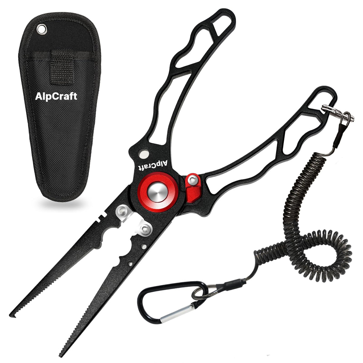 Black multi-function saltwater fishing pliers with corrosion-resistant stainless steel