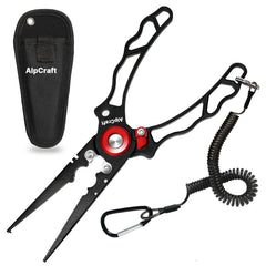 Black multi-function saltwater fishing pliers with corrosion-resistant stainless steel