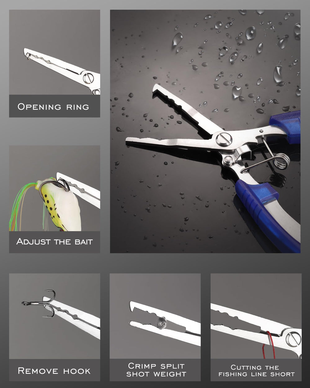 Multifunctional fishing pliers for cutting lines and opening split rings