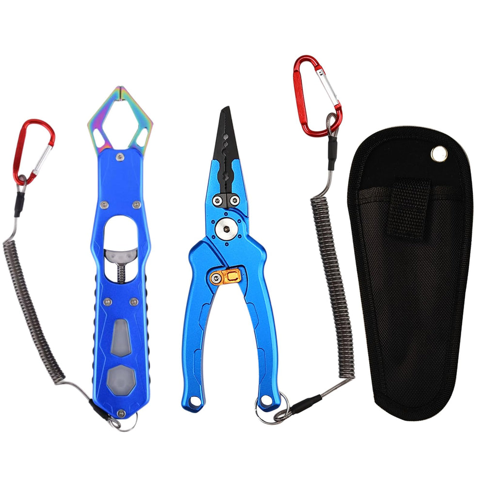 Blue saltwater fishing pliers with safety lock and sheath