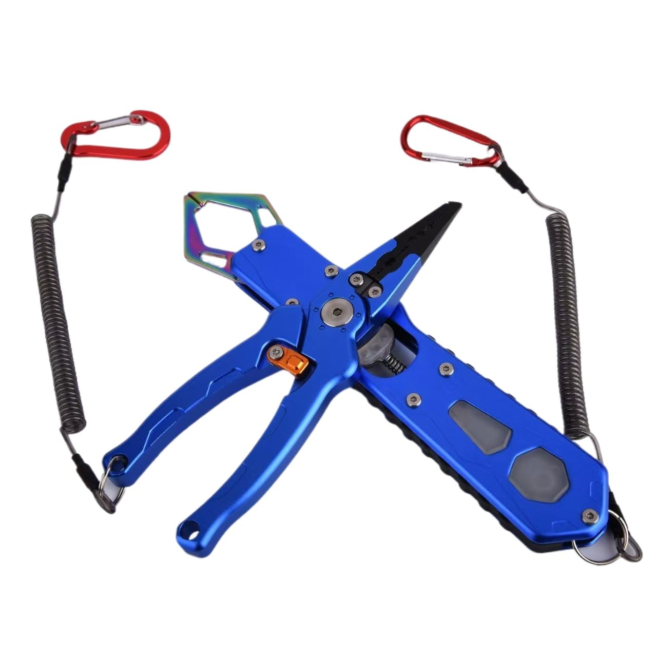 Compact fishing tool set in blue with protective sheath