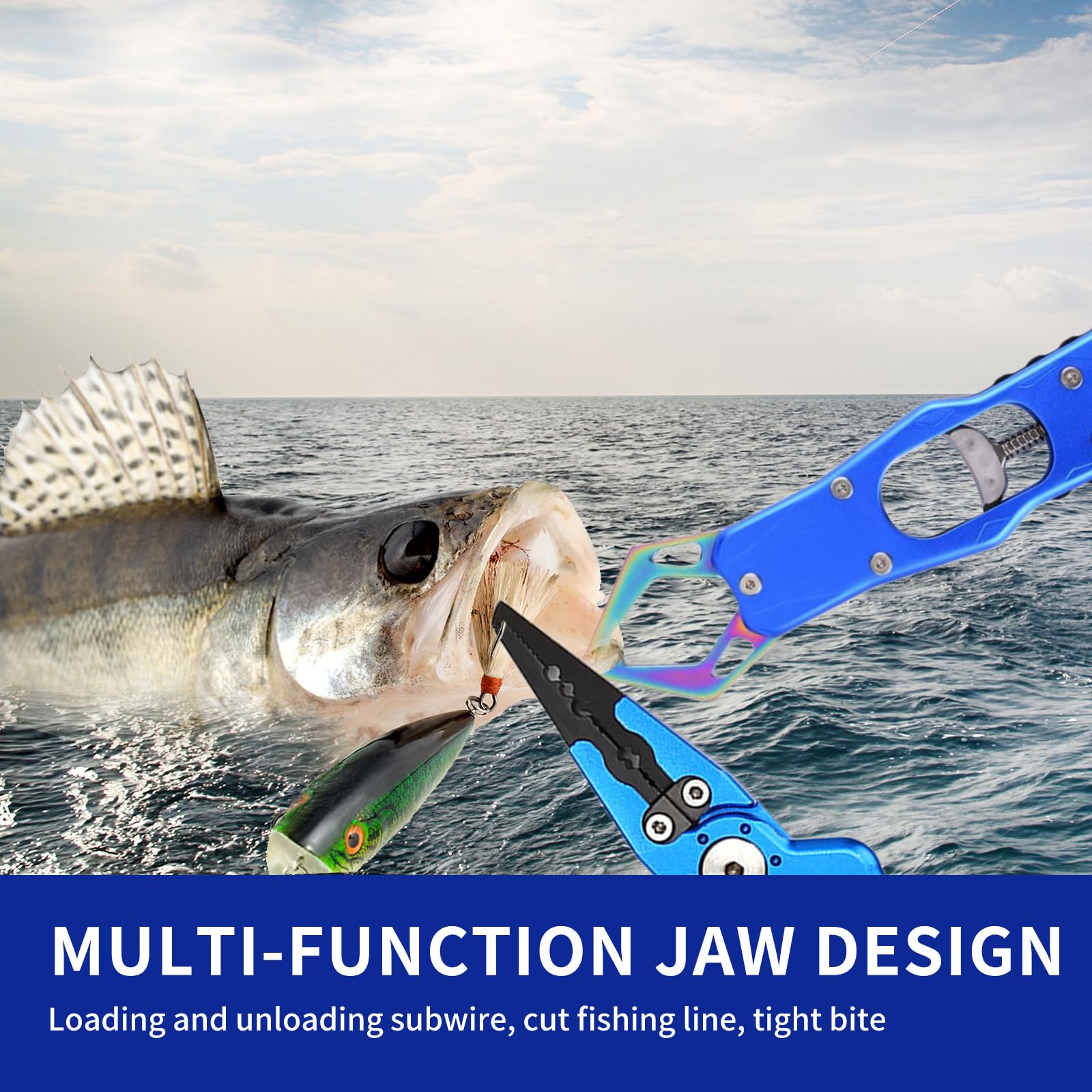 Ergonomic blue fishing pliers with textured grip