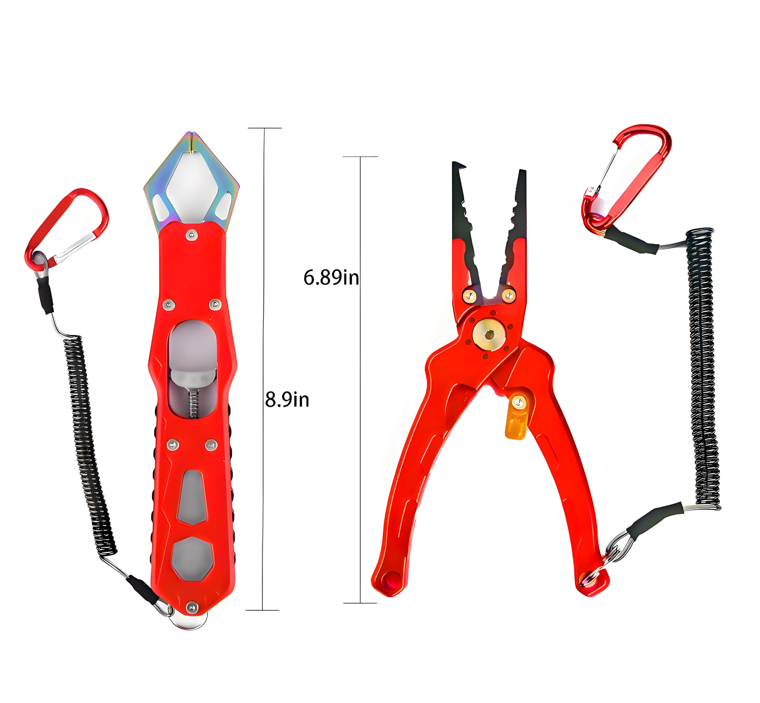 Close-up of stainless steel jaws on red fishing pliers