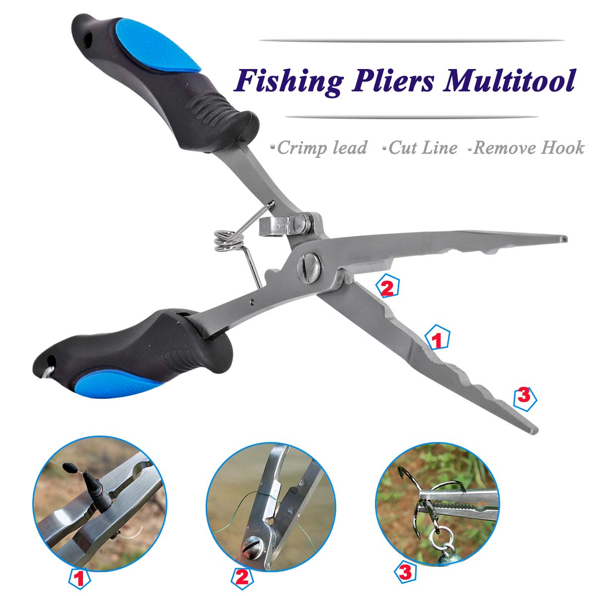 Automatic return spring and lock on long-nose fishing pliers