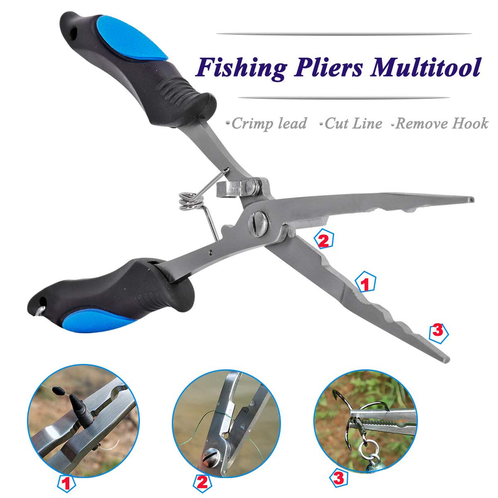 Automatic return spring and lock on long-nose fishing pliers