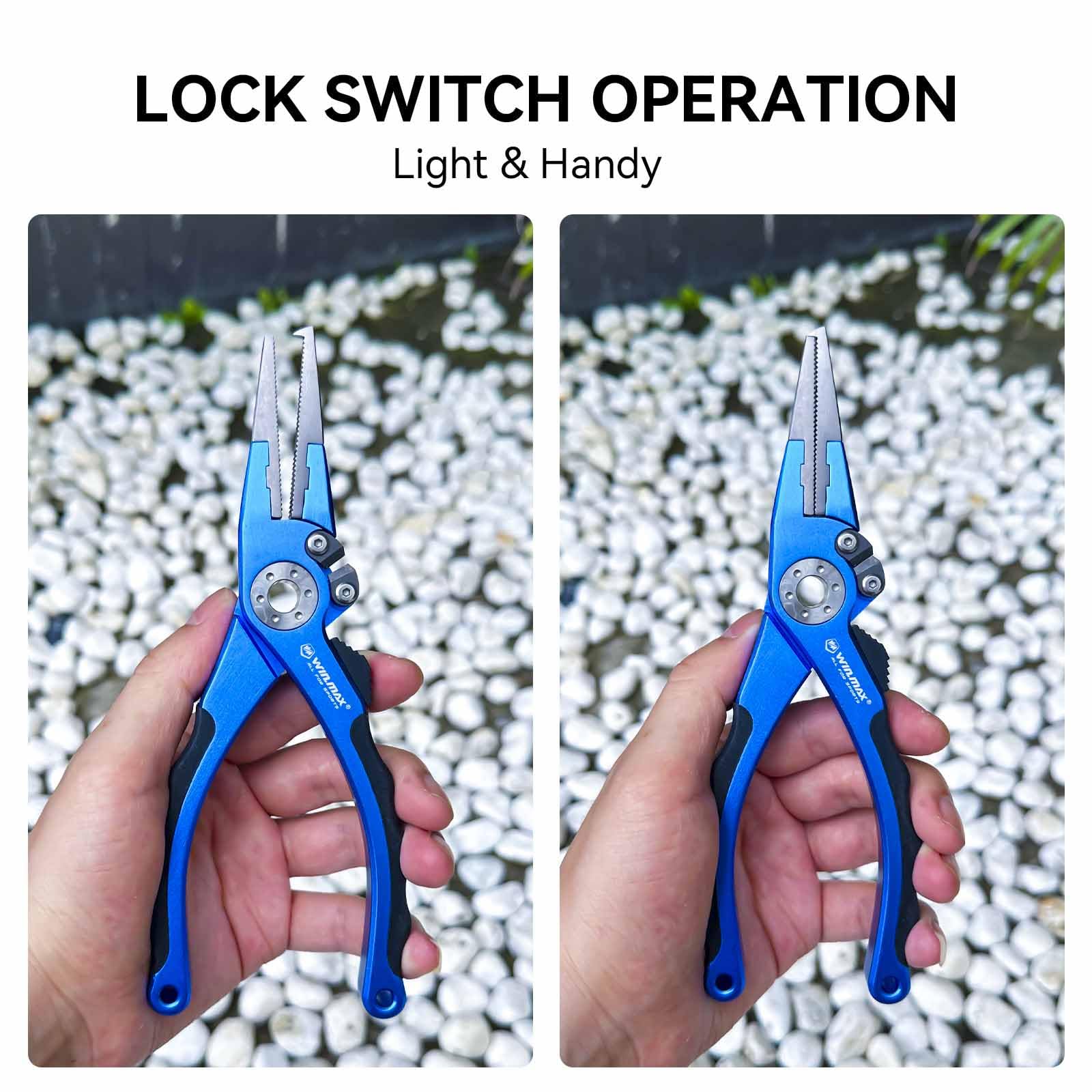 Fishing pliers with locking feature and safety lock blue