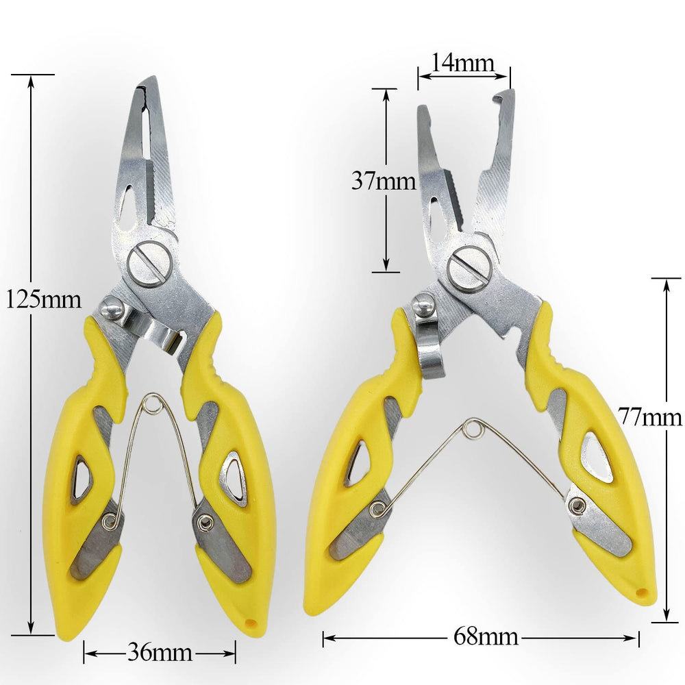 Yellow multi-function fishing pliers with hook remover