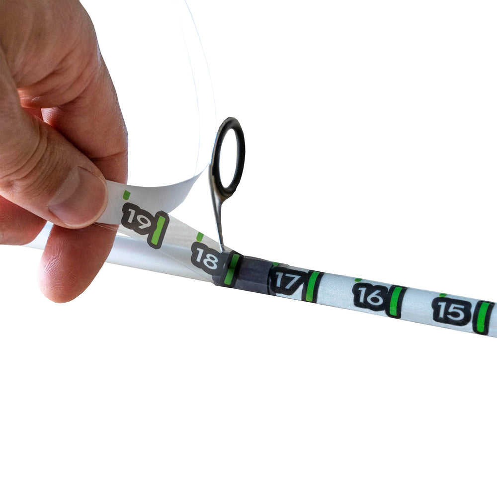 Fishing pole measuring tape sticker applied to a rod