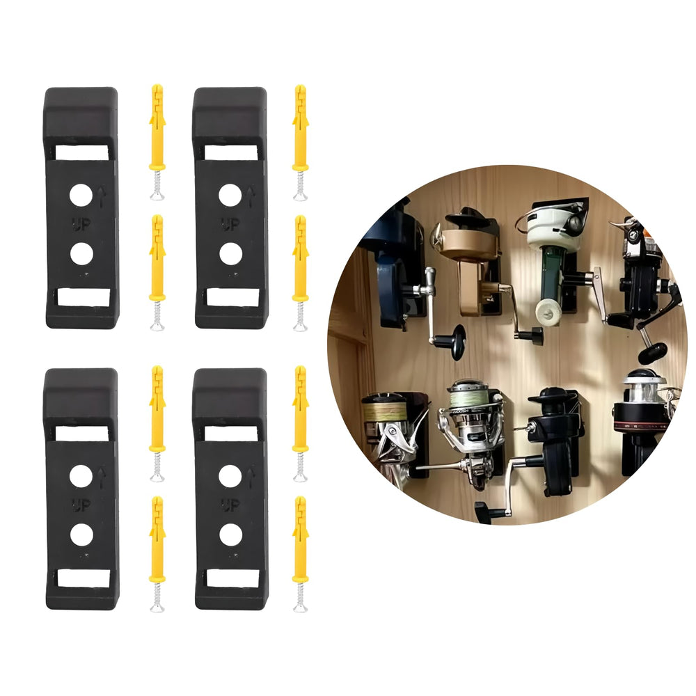 Space-saving fishing reel display rack in workshop