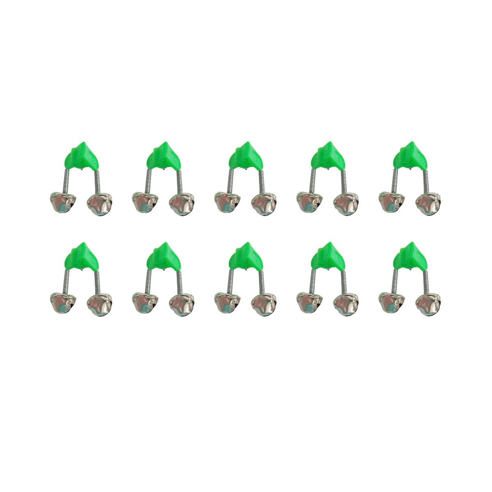 Green and silver fishing rod alarm bell clipped to a fishing pole