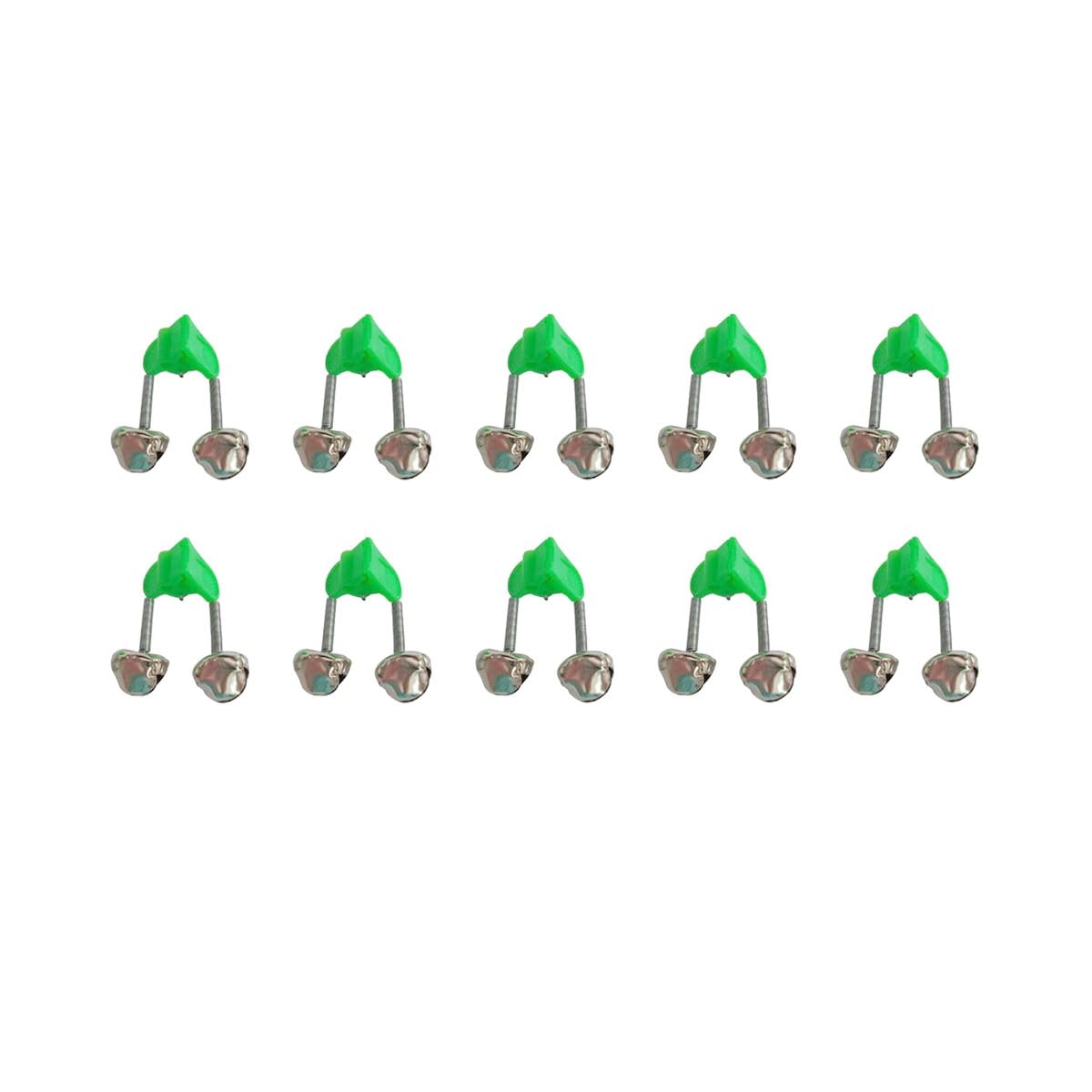 Green and silver fishing rod alarm bell clipped to a fishing pole
