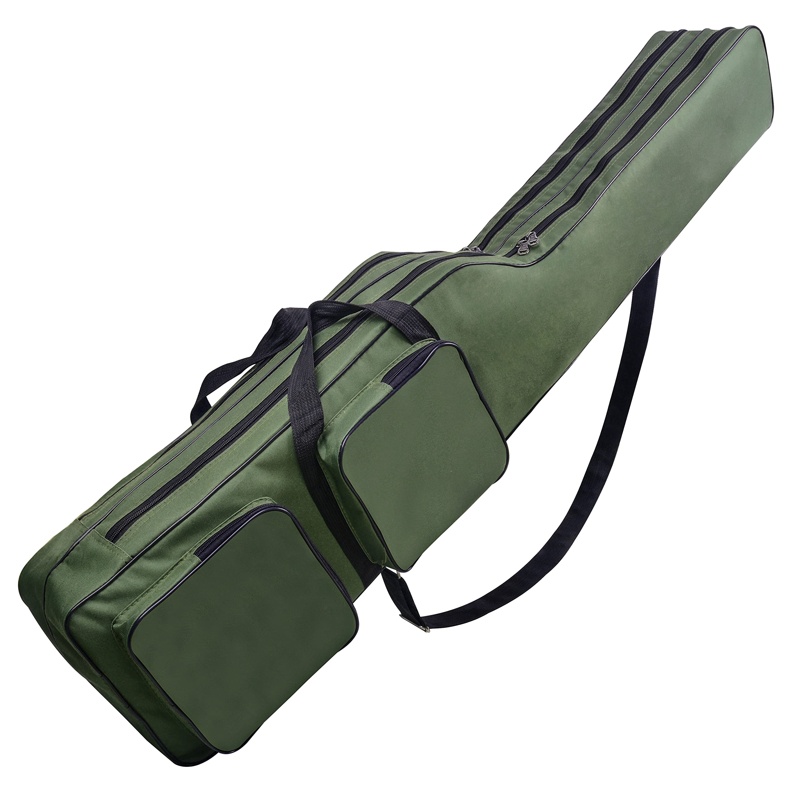 Spacious two-compartment fishing rod bag carrier with exterior pockets