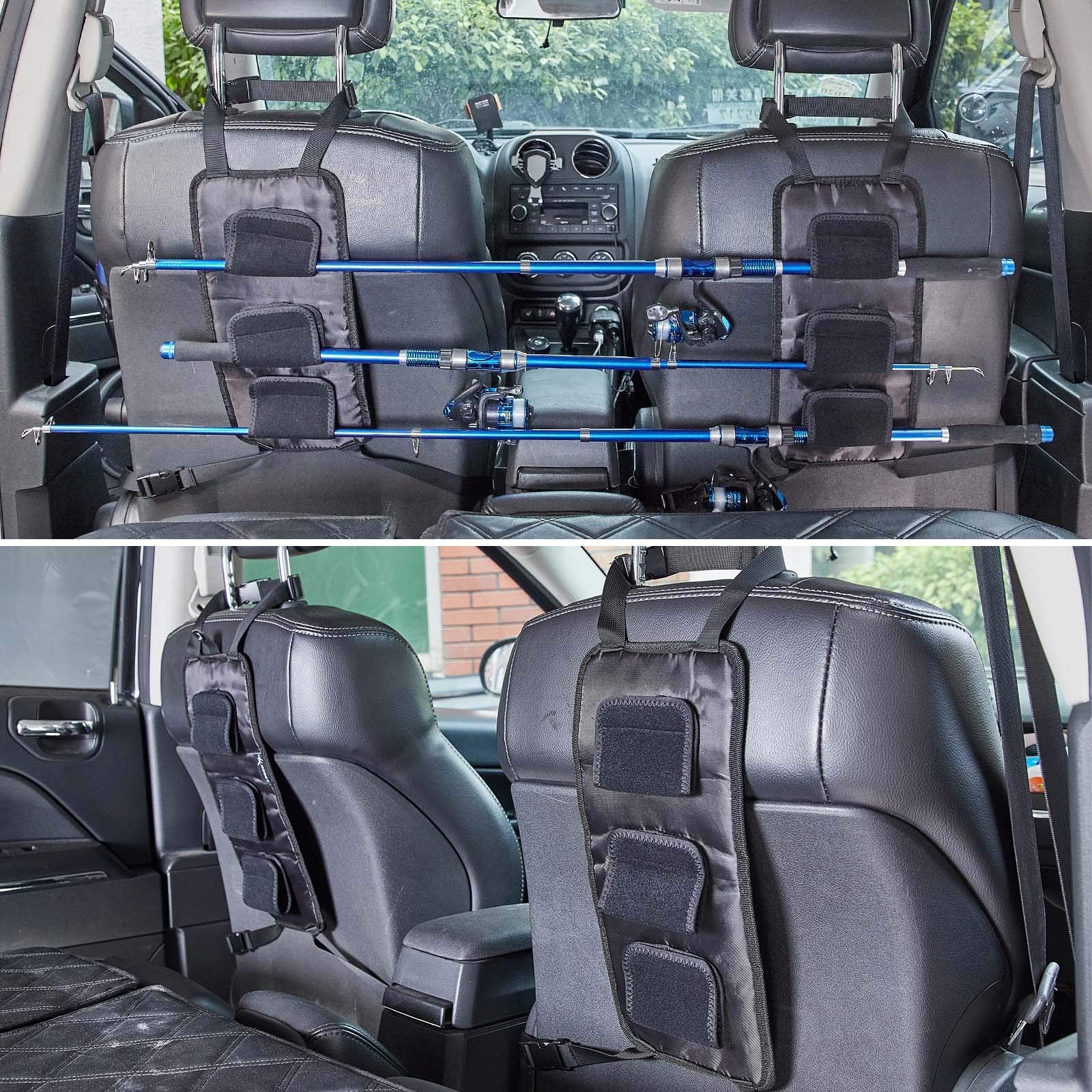 Headrest-mounted rod storage system keeping rods secure
