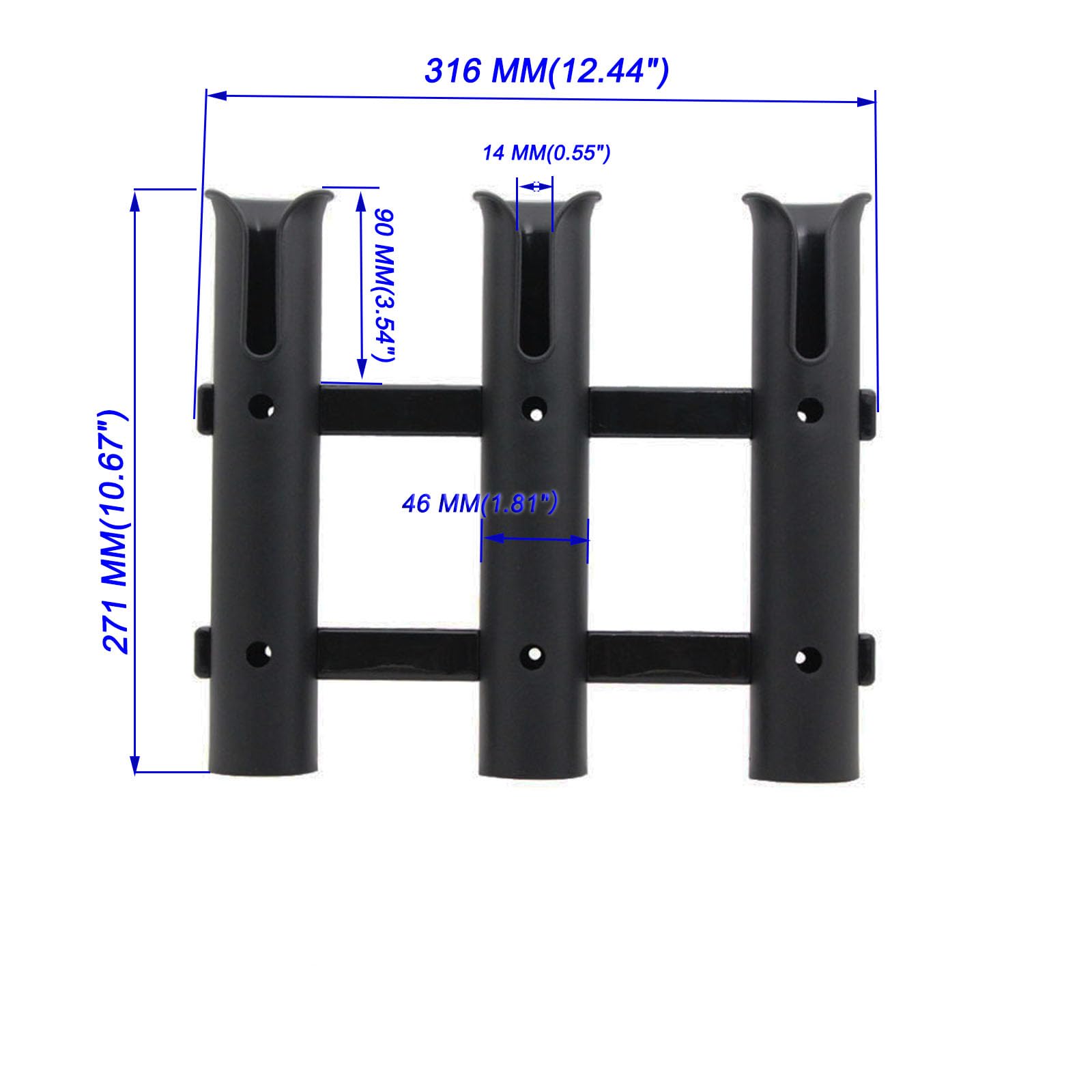 Side-angle view of 3-tube rod holder mounted on wall