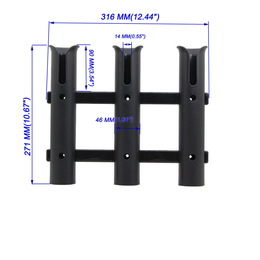 Side-angle view of 3-tube rod holder mounted on wall