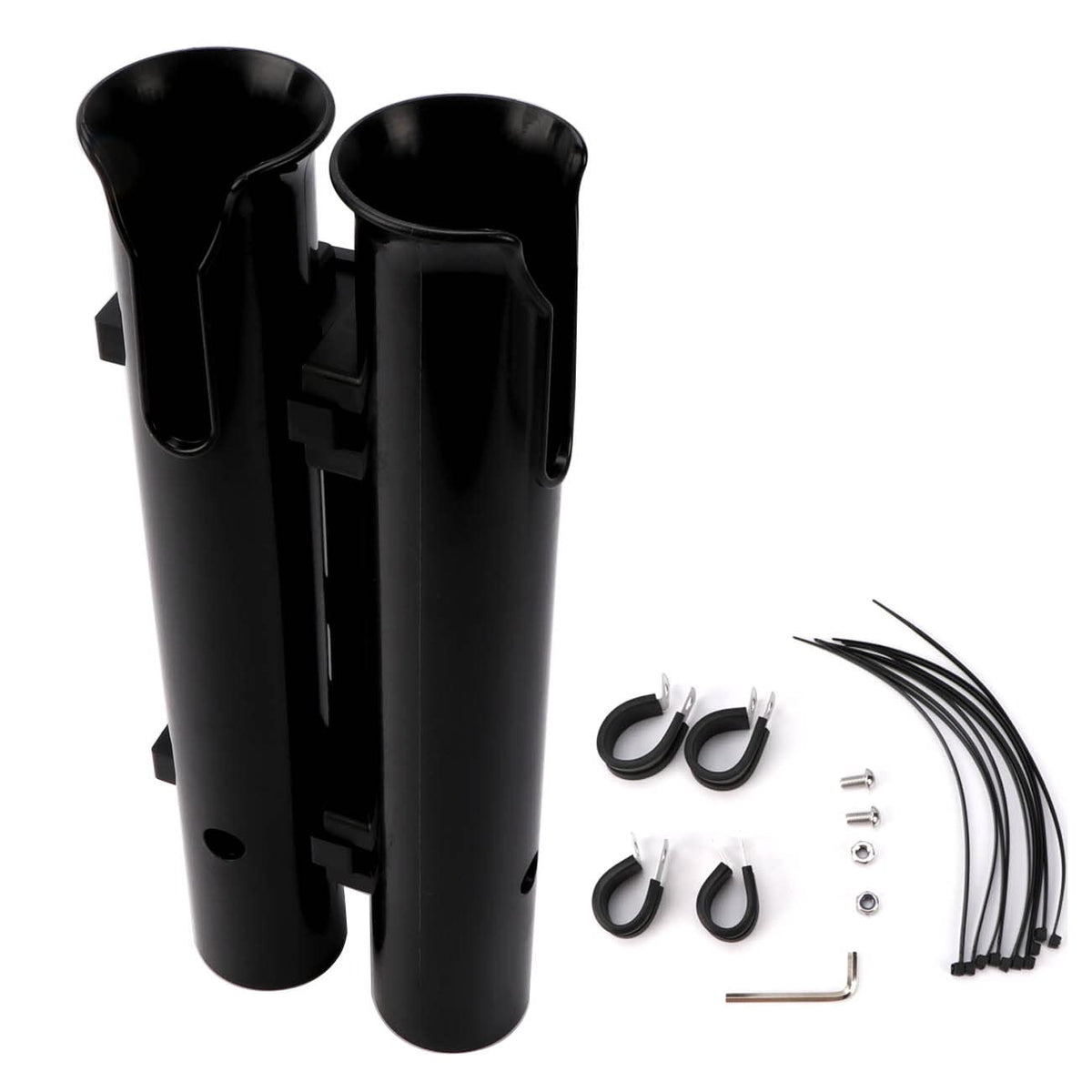 Fishing rod holder mounted on a bicycle back fork holding two fishing rods.