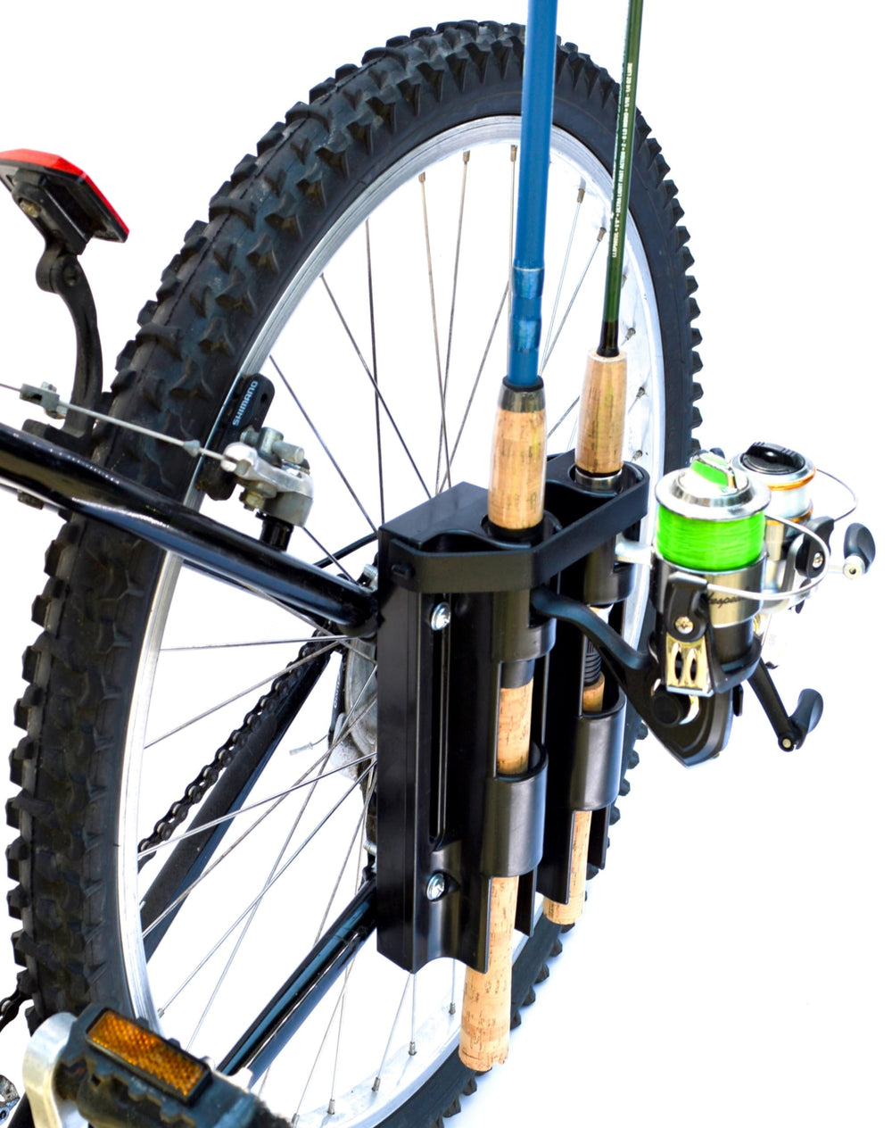 Bike fishing rod holder mounted on bicycle frame
