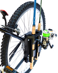 Bike fishing rod holder mounted on bicycle frame