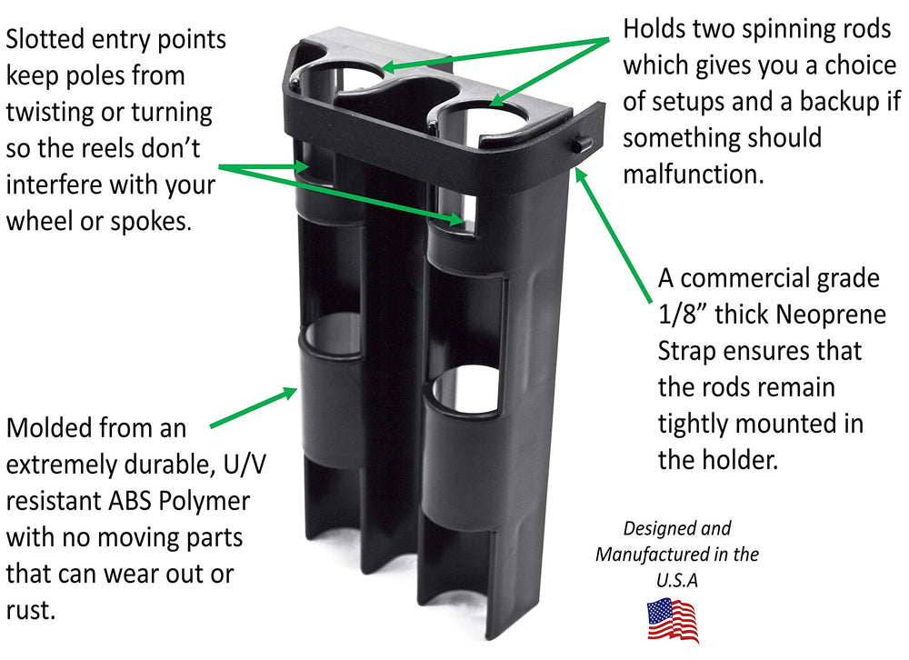 Two fishing rods secured in bike rod holder while riding