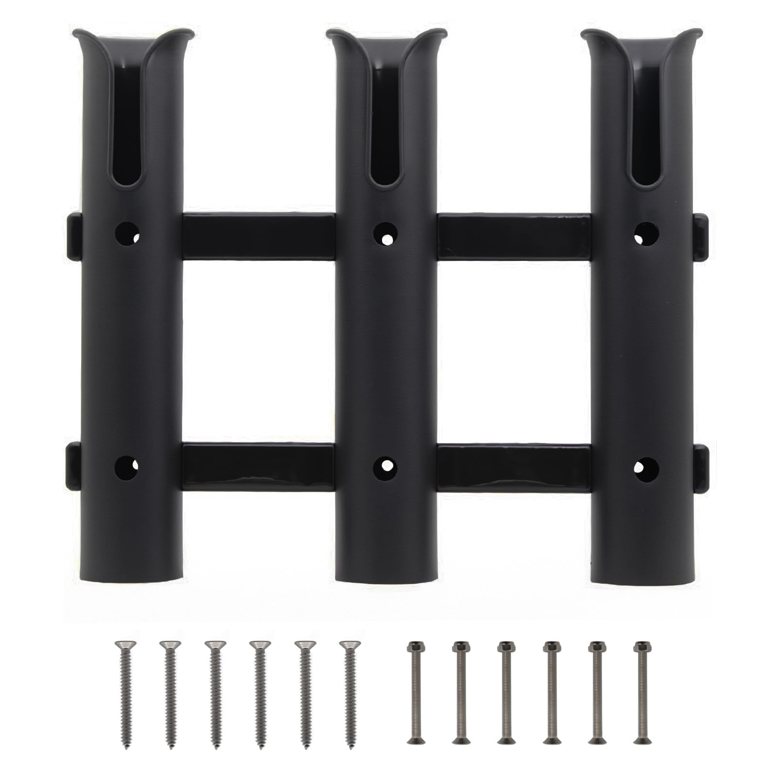 Wall-mounted three-rod fishing rod holder bracket on a wall