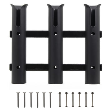 Wall-mounted three-rod fishing rod holder bracket on a wall