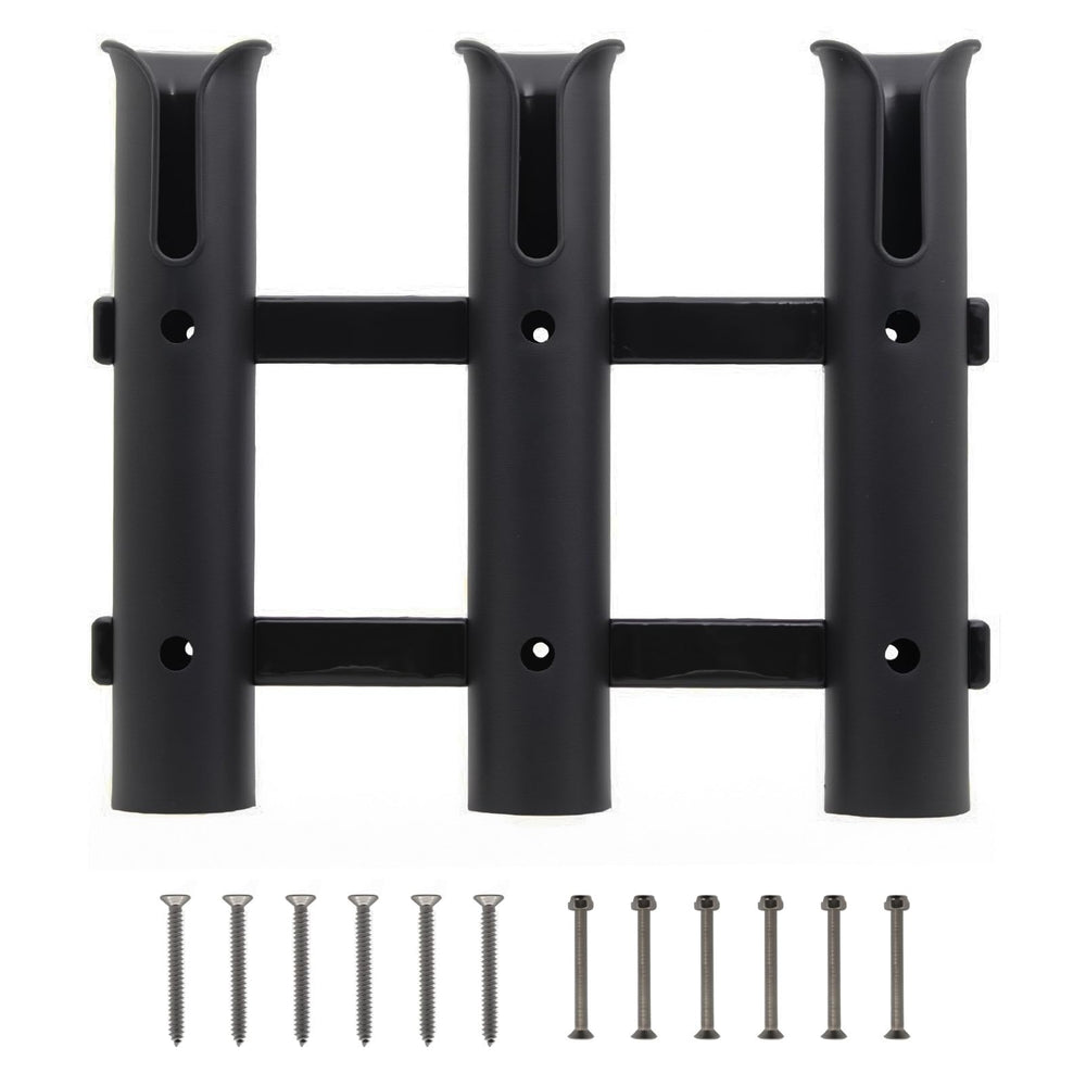 Wall-mounted three-rod fishing rod holder bracket on a wall