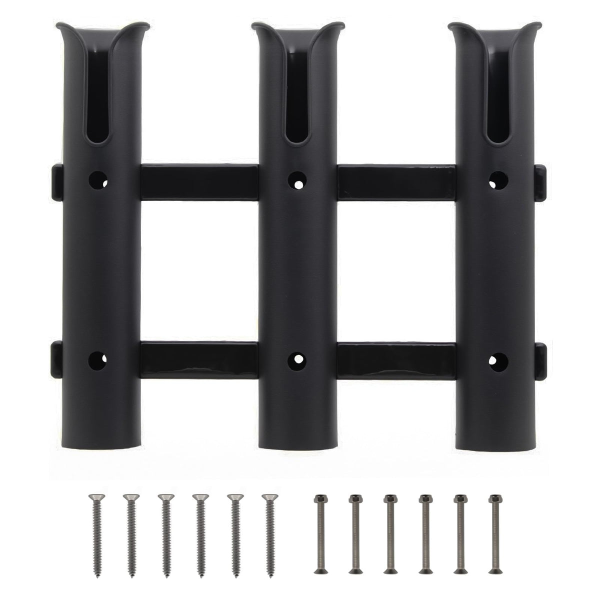 Wall-mounted three-rod fishing rod holder bracket on a wall