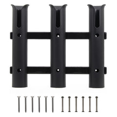 Wall-mounted three-rod fishing rod holder bracket on a wall
