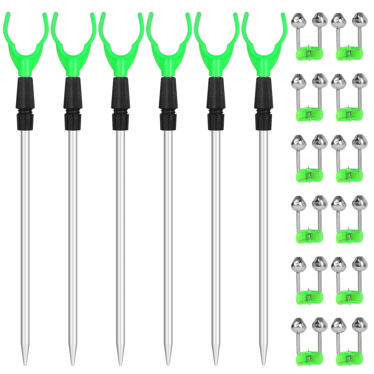 Six extendable fishing rod holders with alarm bells in a set