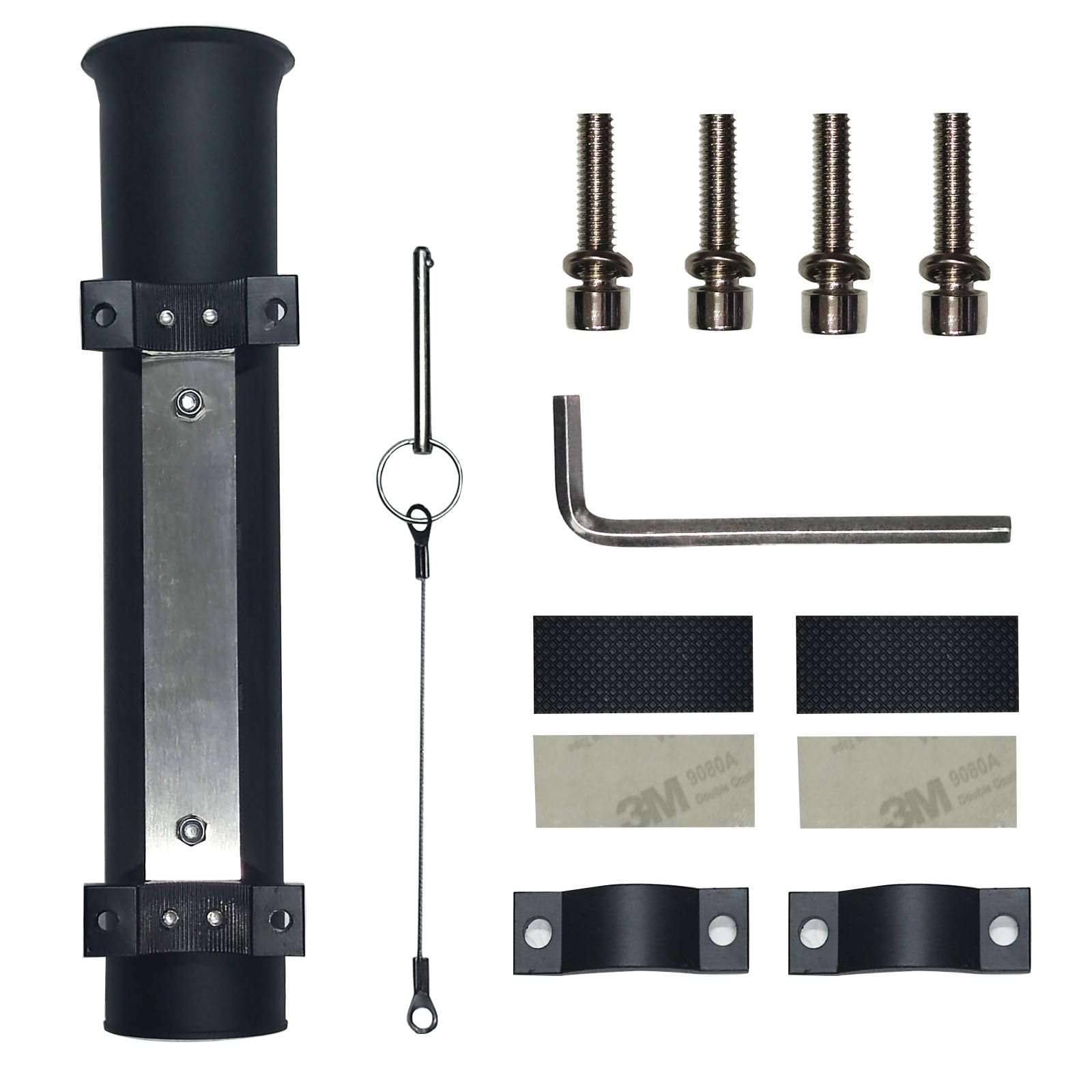 Package contents including wrench, bolts, gaskets, and pins