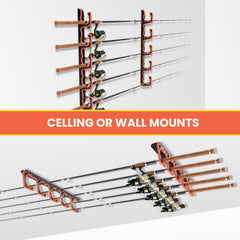 Ceiling-mounted fishing rod holder showing above-insertion design
