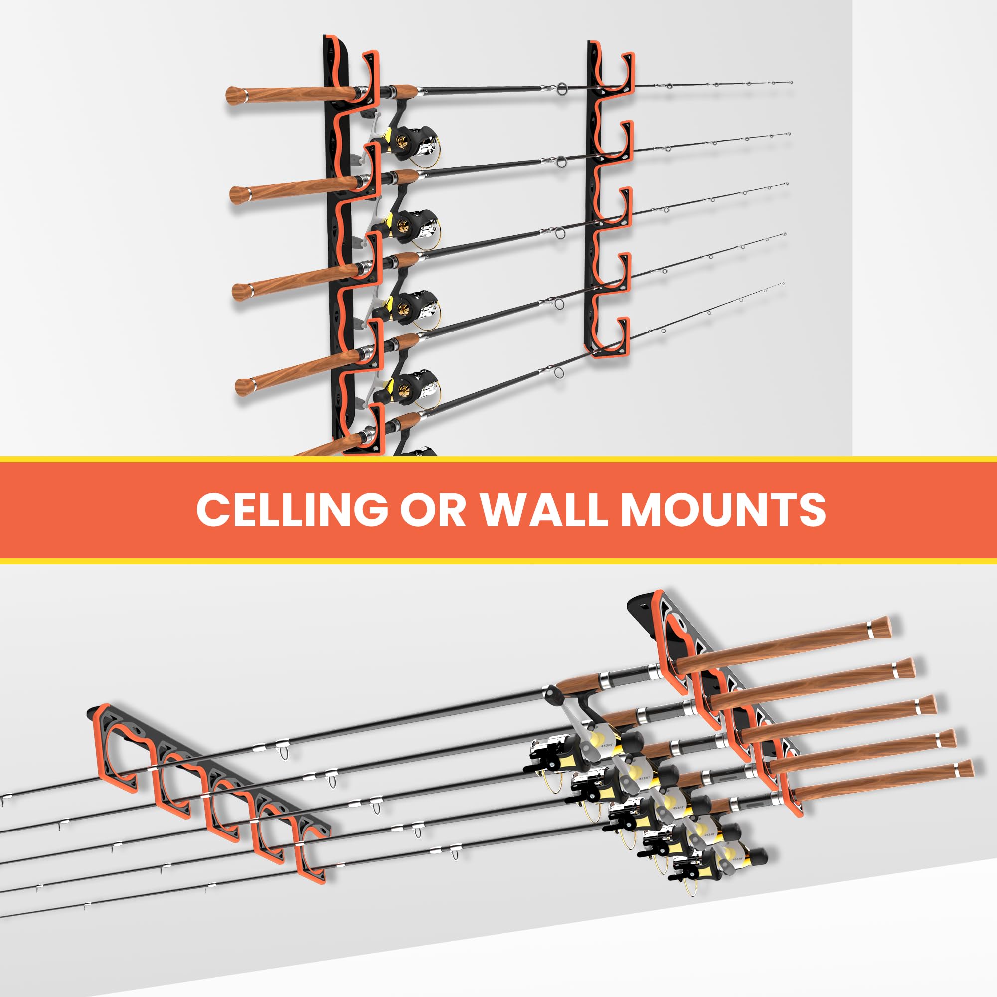 Horizontal fishing rod holder mounted on wall or ceiling