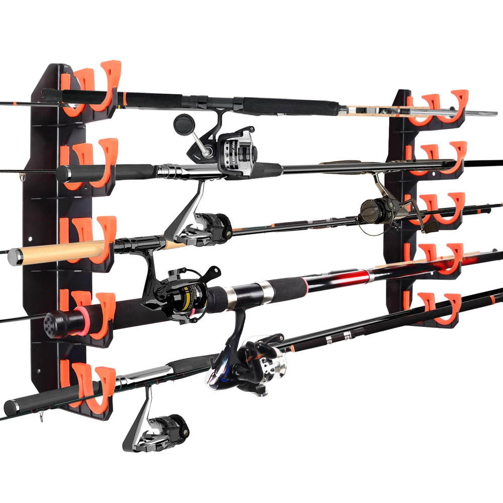 Garage wall mounted fishing rod rack holding up to 10 rods